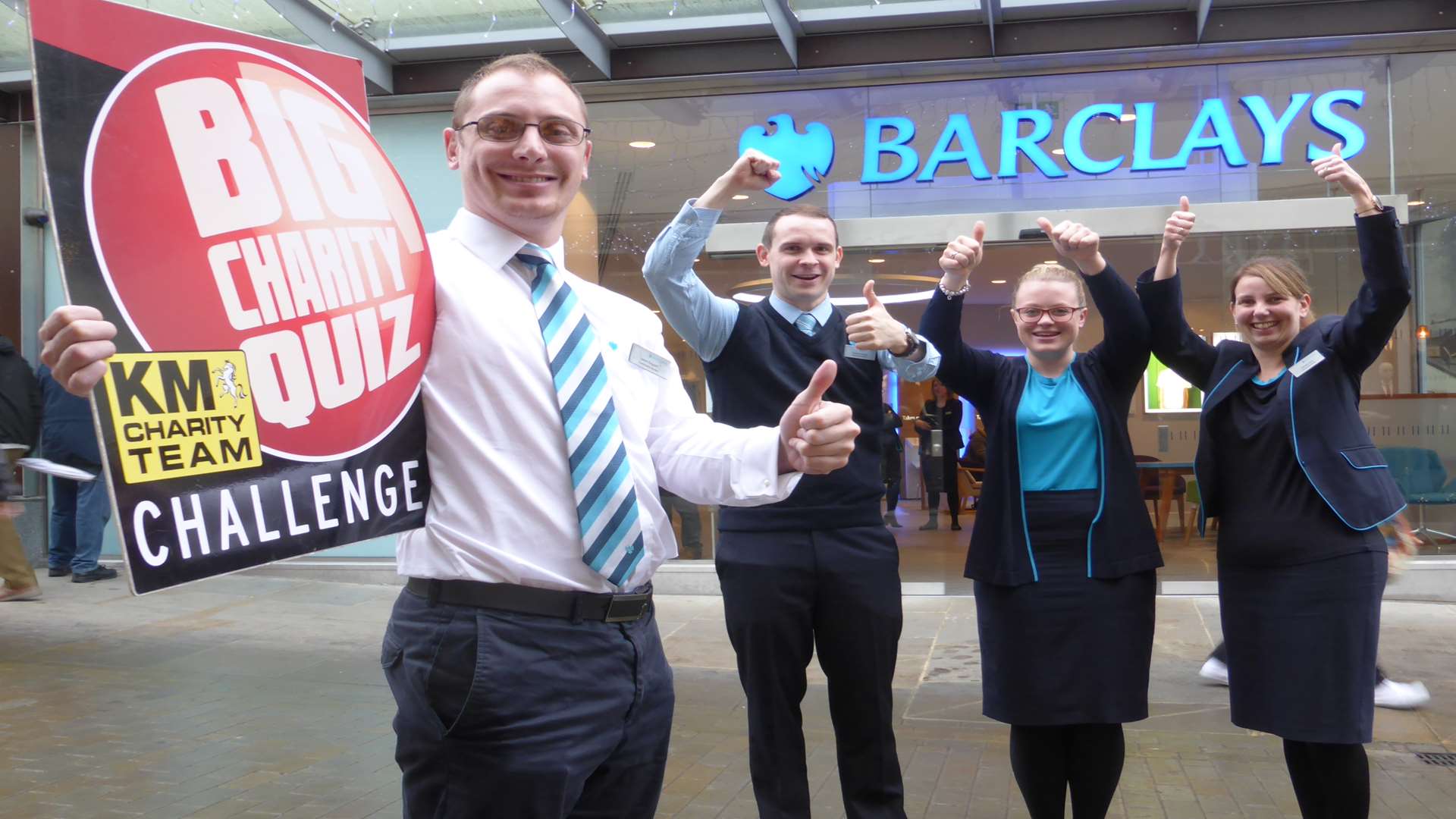 Barclays Maidstone Go To Community Manager Jason Raggatt and staff show their support for the Maidstone Big Charity Quiz which is now open for booking.