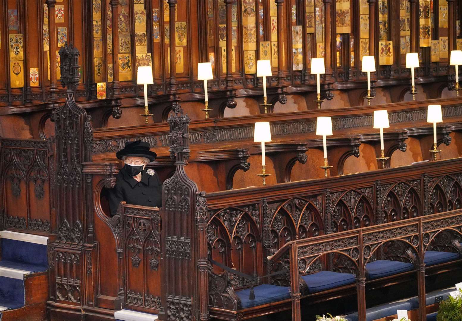 The Queen at the funeral of the Duke of Edinburgh in April (Jonathan Brady/PA)