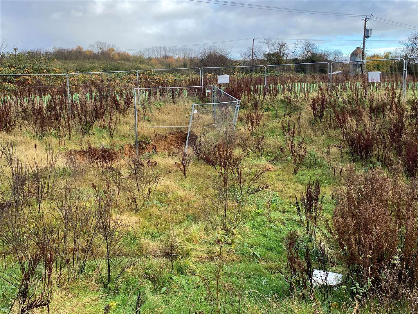 Part of the inner fence has collapsed into the hole