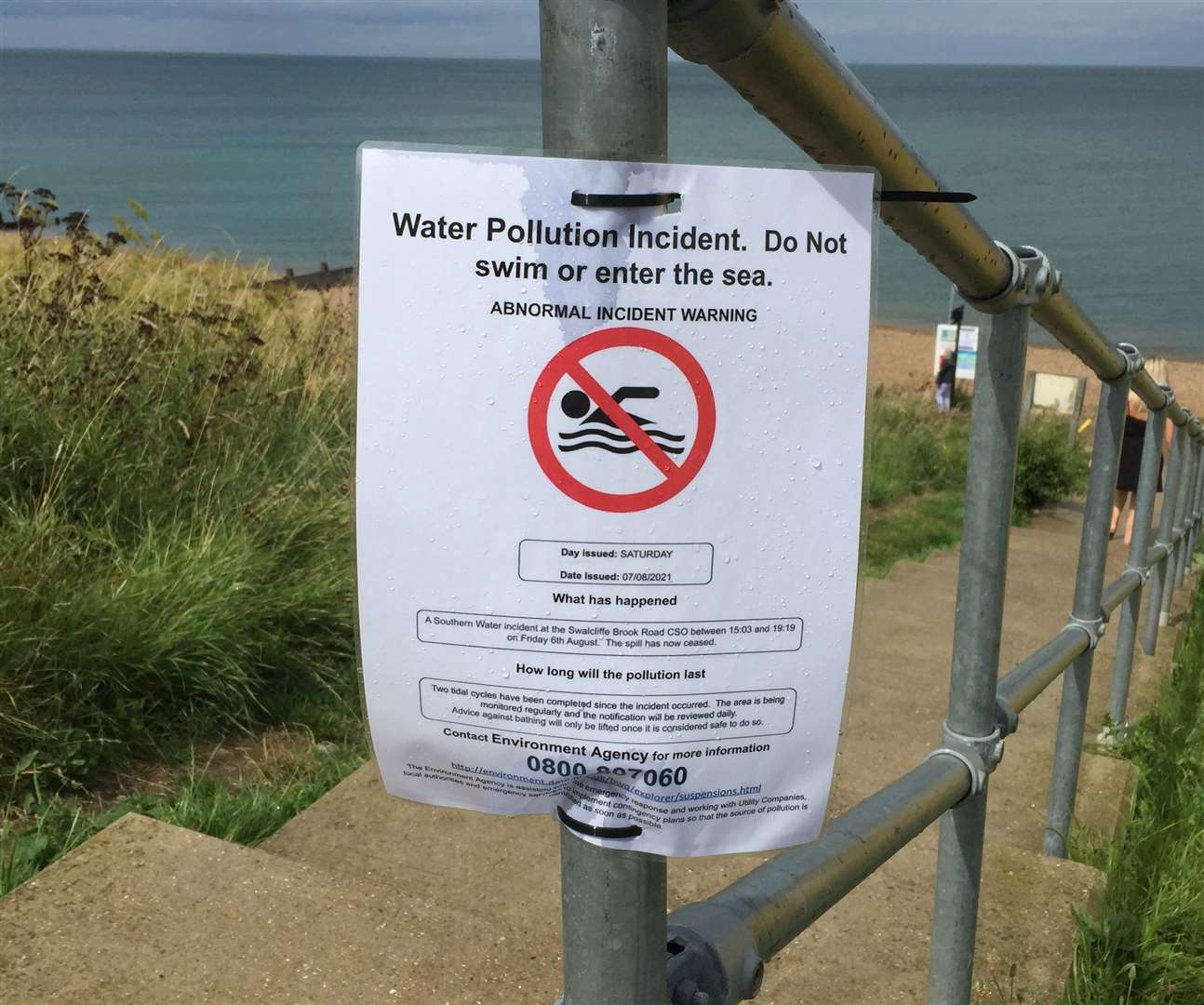 'Do not swim' signs in Tankerton after a pollution release at the Southern Water treatment site in Swalecliffe