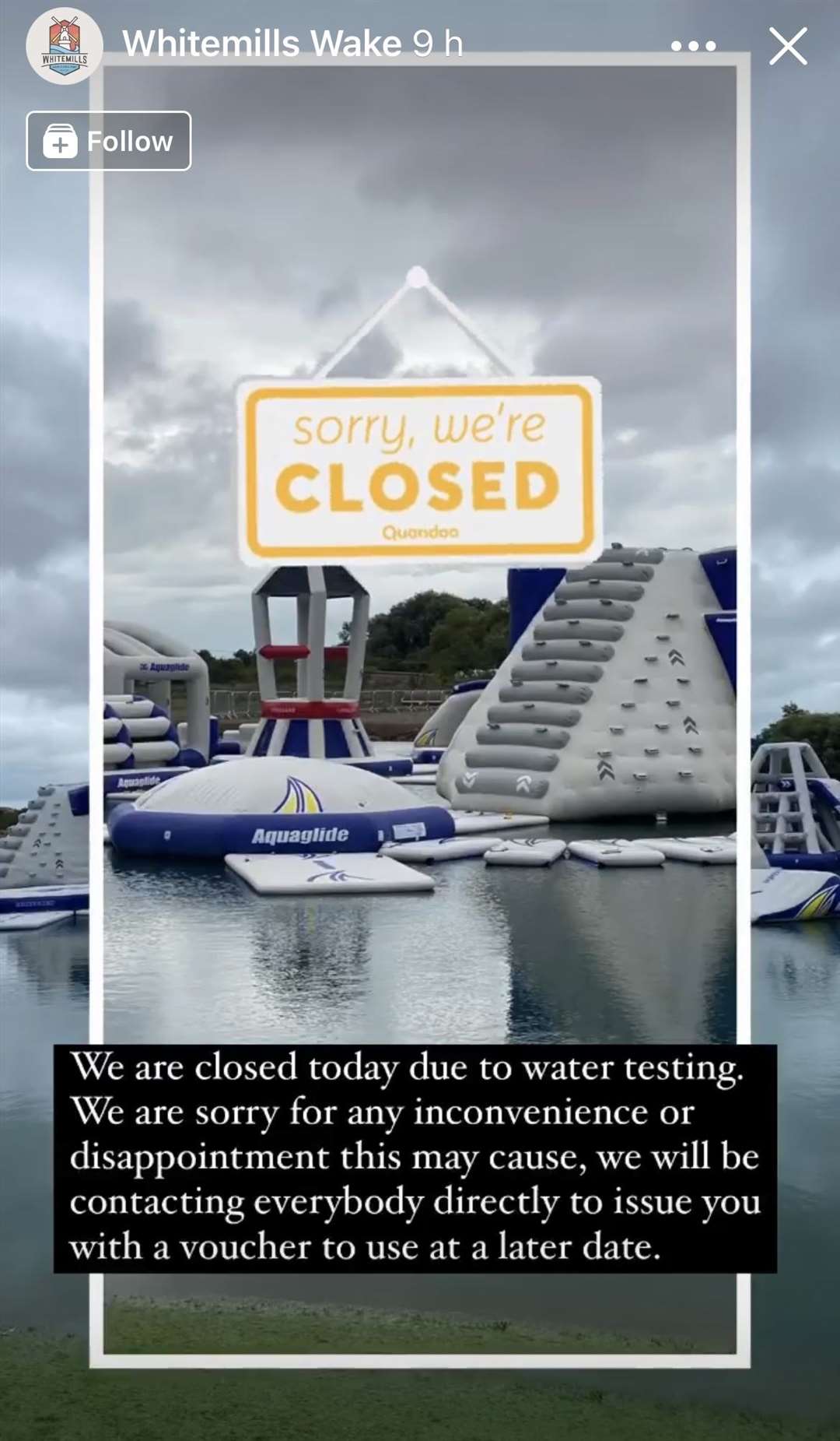 Whitemill Water Park announced the closure on a Facebook story. Picture: Whitemills Wake on Facebook