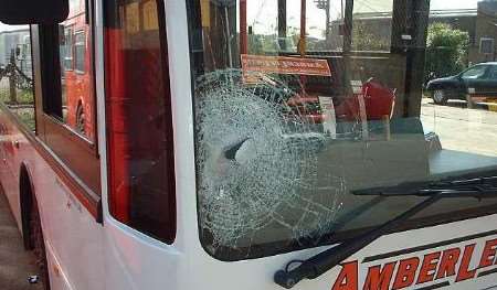 The damage caused by yobs to one of the Amberlee buses