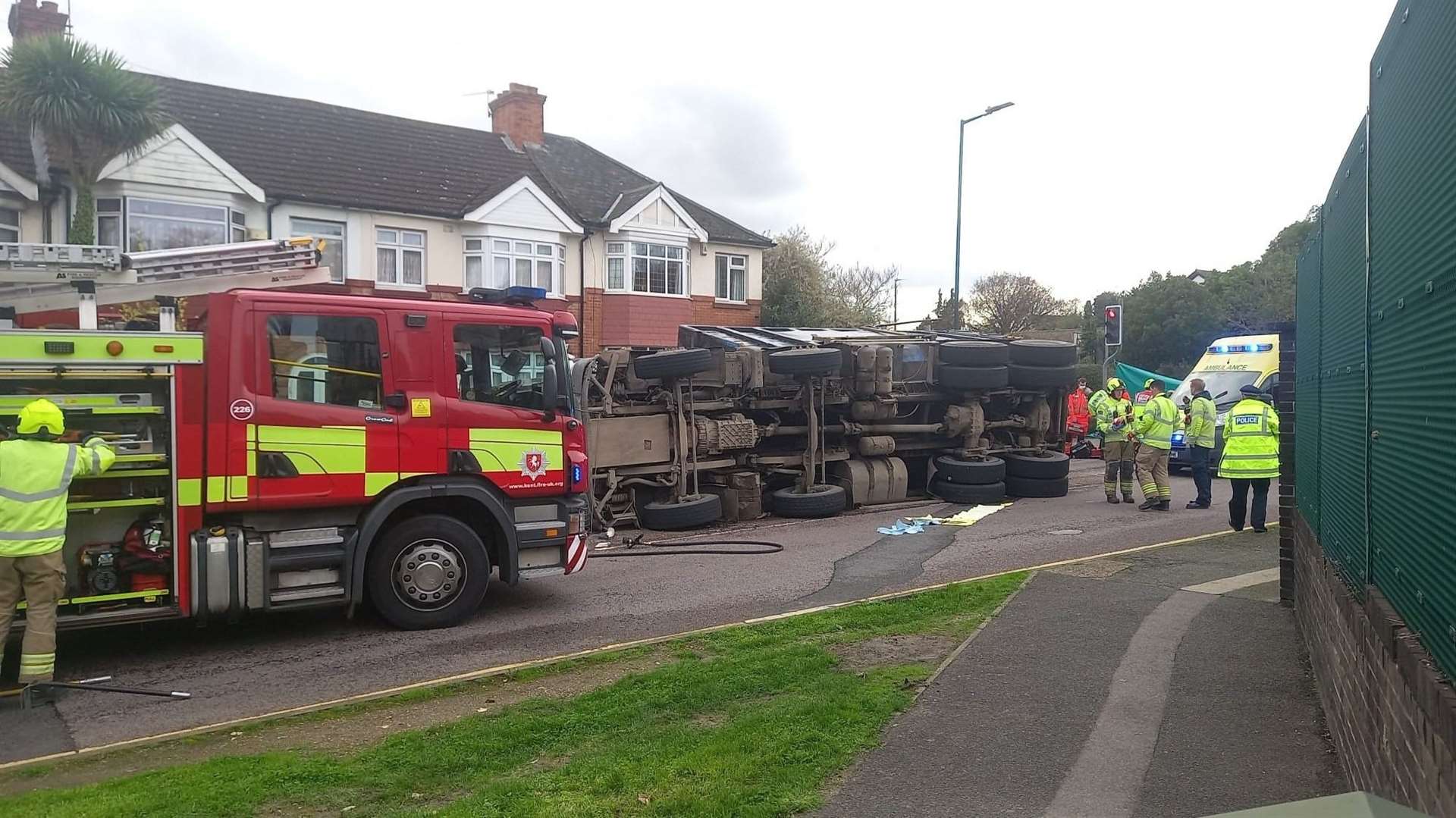 The lorry has overturned on Station Road. Picture: Kieren Stannard