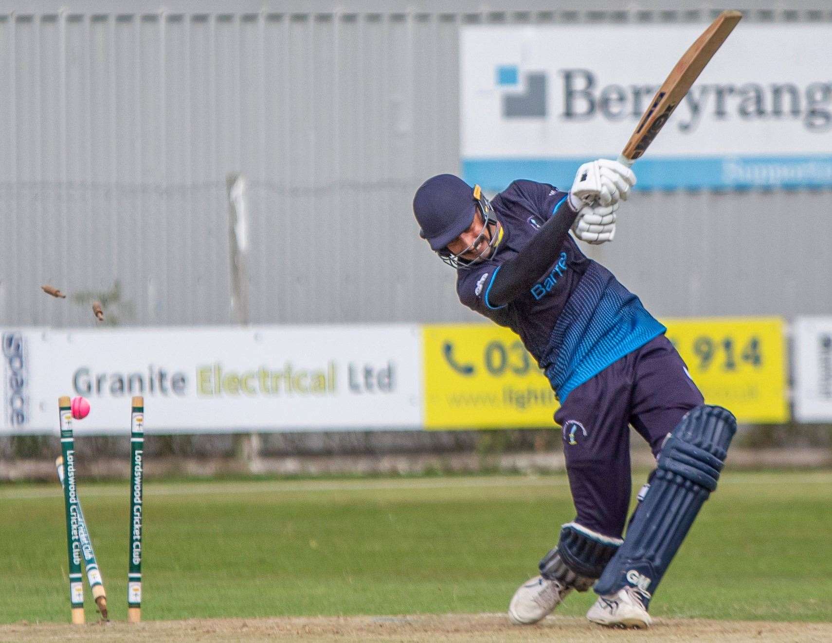 St Lawrence & Highland Court overseas all-rounder Jason Sangha is bowled by Lordswood's Tom Davis. Picture: Phillipa Hilton