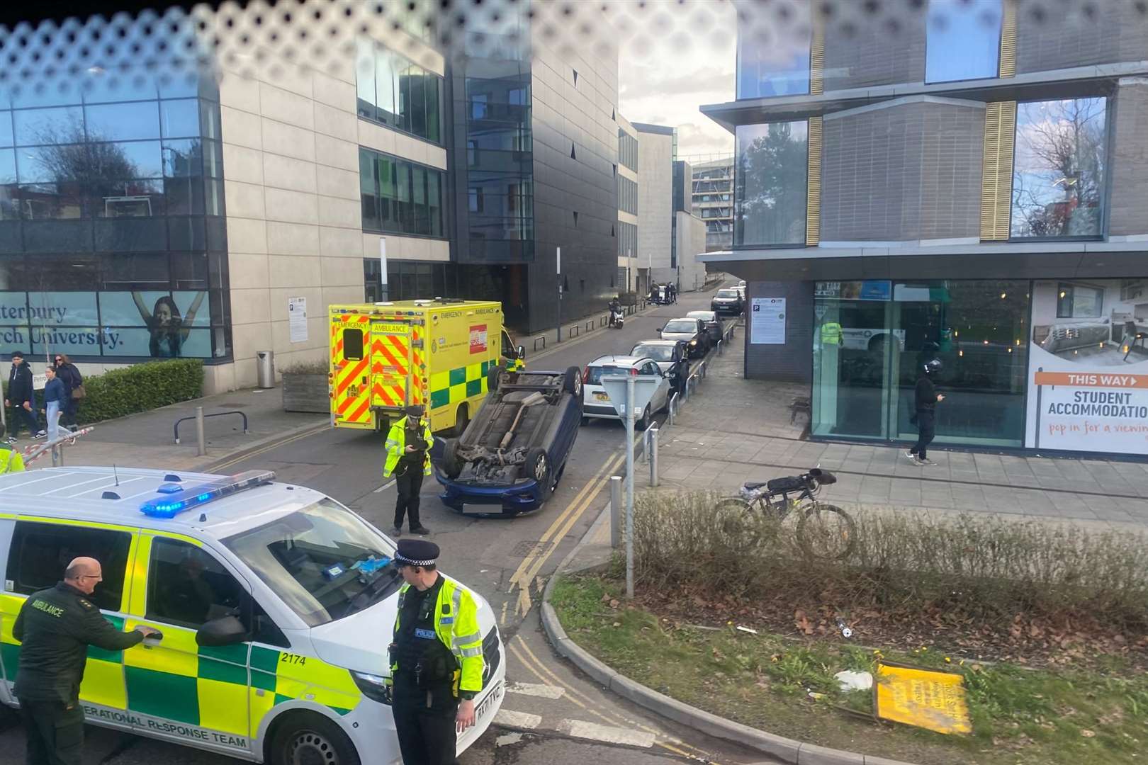 A car has flipped on the A28 near Canterbury Christ Church University campus