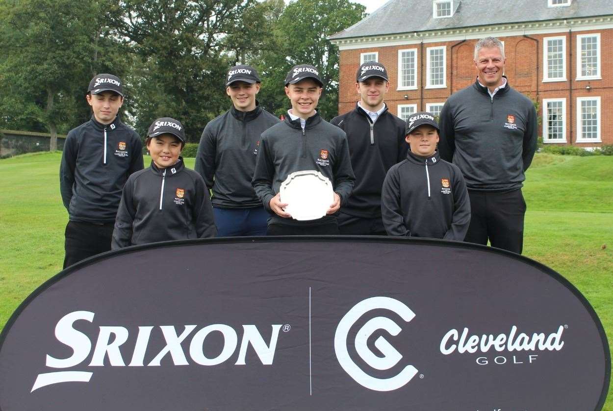 The Rochester & Cobham Srixon Junior 4somes plate winners with junior organiser Kurt Dennison. Kurt's son, Lucas, is holding the plate. Picture: Rebecca Timlett