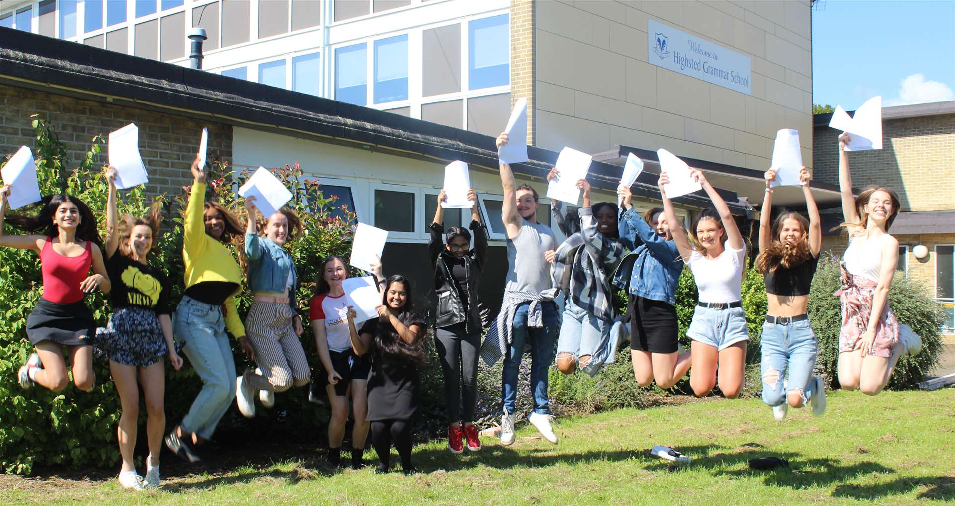 Highsted Girls Grammar School pupils at Sittingbourne celebrating their A-level results