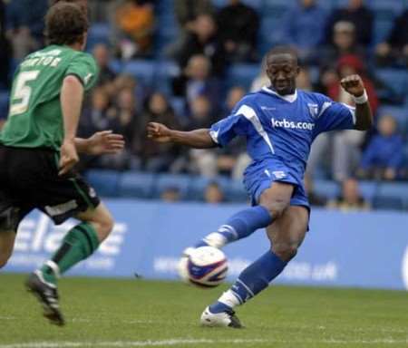 WINNER: Chris Dickson smashed in Gillingham's third goal. Picture: GRANT FALVEY