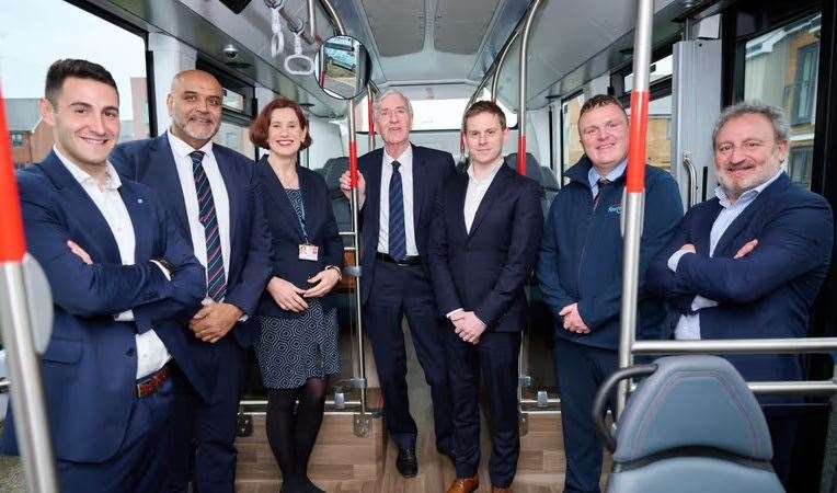 Mikel Irizar, Irizar Sales Area Manager; Mike Nakrani, VEV CEO; Jacqui Elliott, KCC MaaS Project Lead; David Robey, KCC Deputy Cabinet Member for Highways and Transport; Andrew Edwards, Go-Ahead Operations Director; Shane Hymers, KCC Fastrack Development Manager and Jose Antonio Sola, Irizar Global Sales Director. Picture: KCC