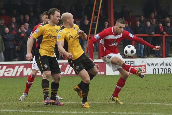 Liam Bellamy in action for Ebbsfleet against Newport last season