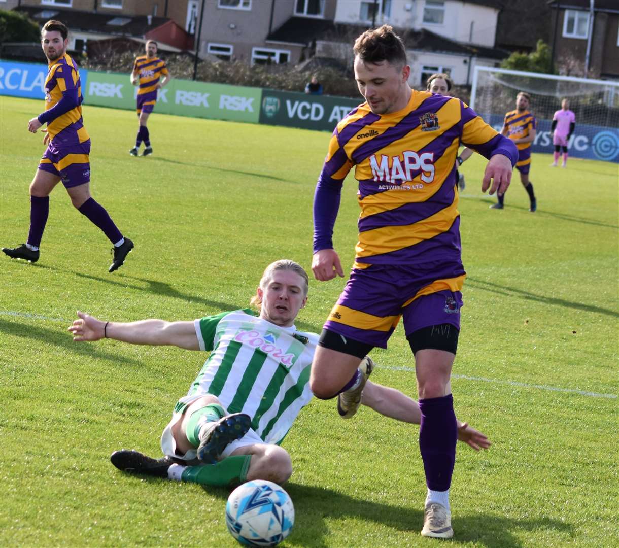 Deal forward Rory Smith is brought down in the penalty box. Picture: Alan Coomes