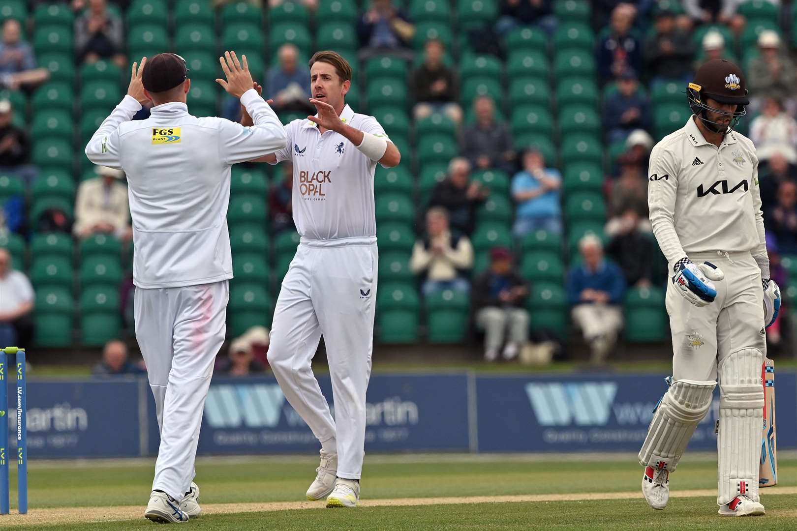 Kent's Matt Quinn celebrates wicket of Ben Foakes. Picture: Keith Gillard