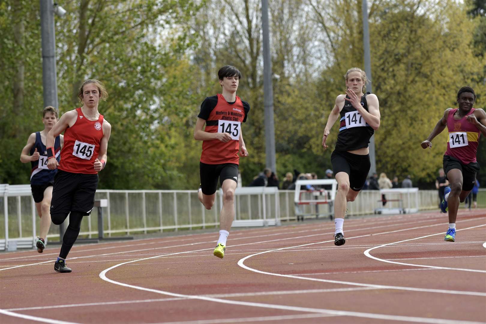 Reef Page (Invicta East Kent AC), Benjamin Lineker (Medway and Maidstone AC), Matthew Smith (Blackheath & Bromley Harriers AC) and Jonathan Idowu (Dartford Grammar School) race in the u17 400m Picture: Barry Goodwin