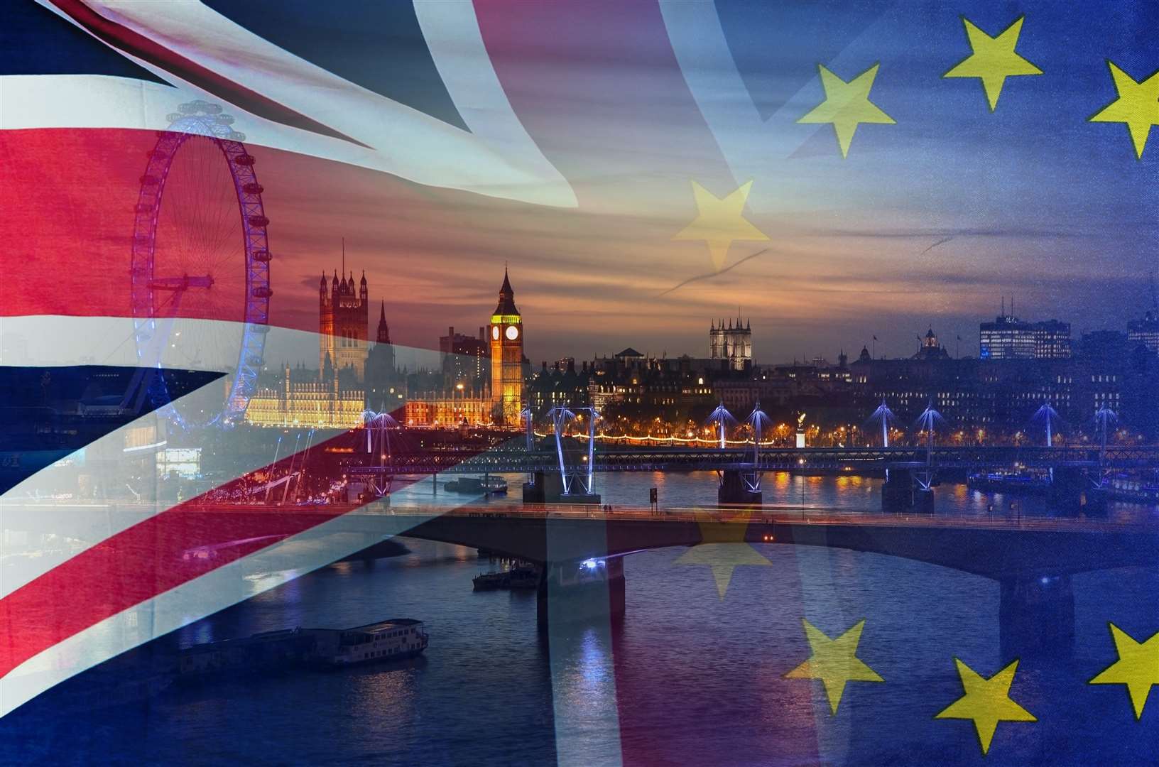 BREXIT concept image of London image and UK and EU flags overlaid symbolising agreement and deal being processed. (20577599)