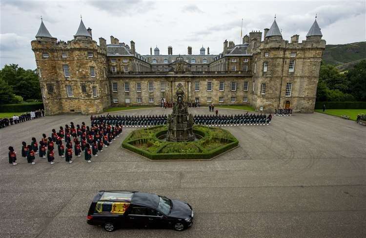 The hearse carrying the coffin arrived at the Palace of Holyroodhouse, Edinburgh, on Sunday after a six-hour journey from Balmoral. Picture: PA