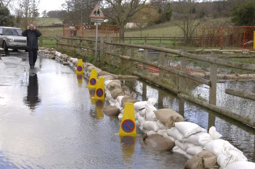 Sandbags used to create a flood defence in Bishopsbourne