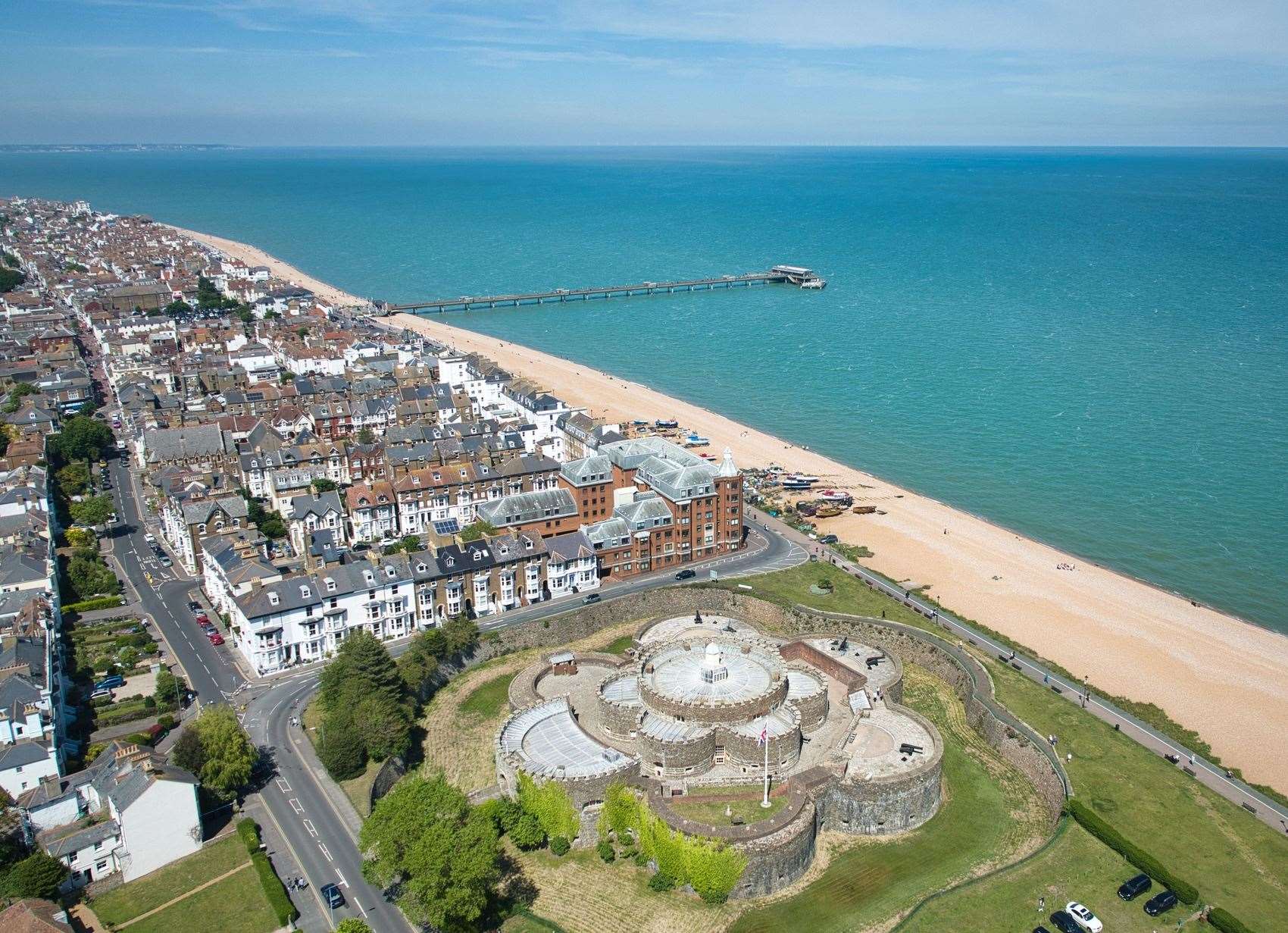 An aerial view of the Deal seafront with the pier stretching out to sea