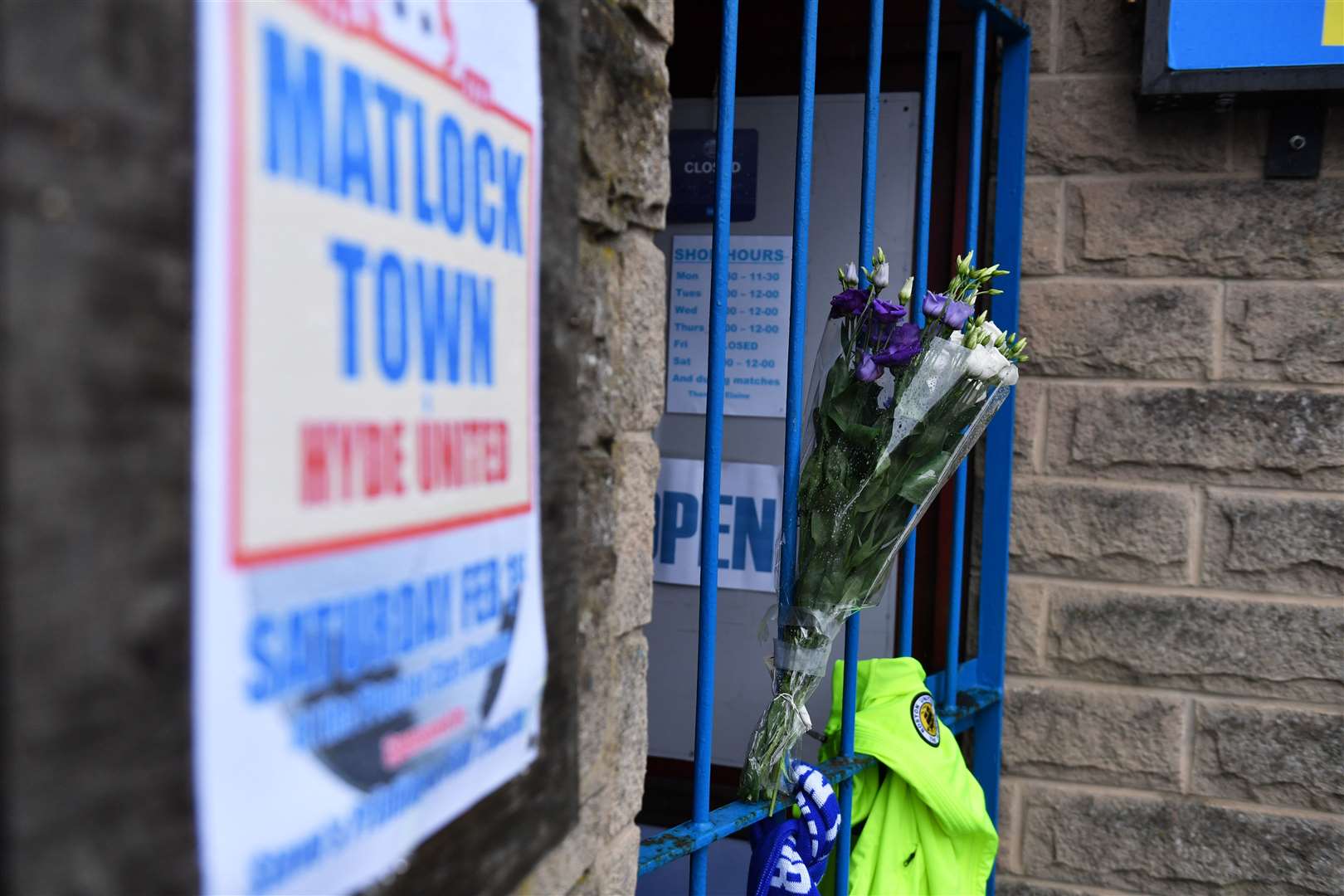 Tributes left outside the ground of Matlock Town Football Club for Mr Sinnott (Jacob King/PA)