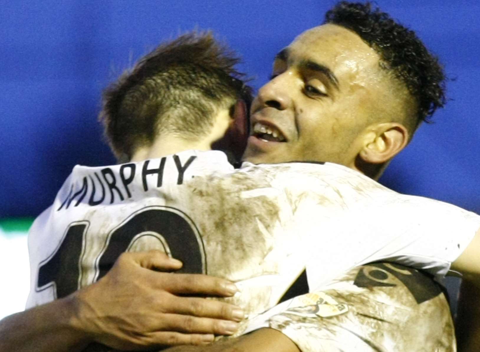 Stefan Payne celebrates scoring with Tom Murphy earlier this season