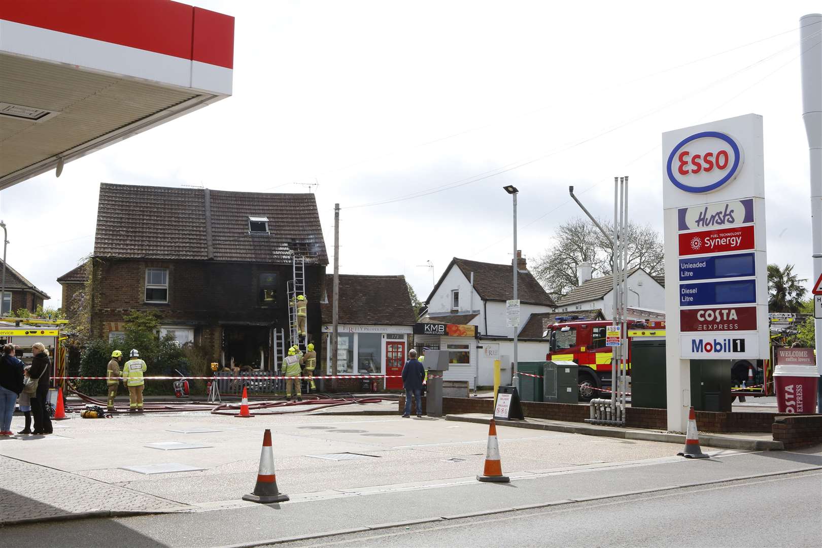The fire erupted just metres from a petrol station