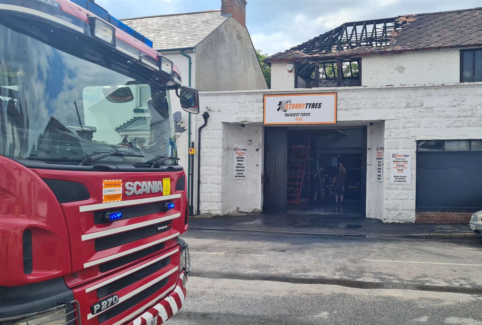 The roof at Sturry Tyres near Canterbury has been damaged following the fire