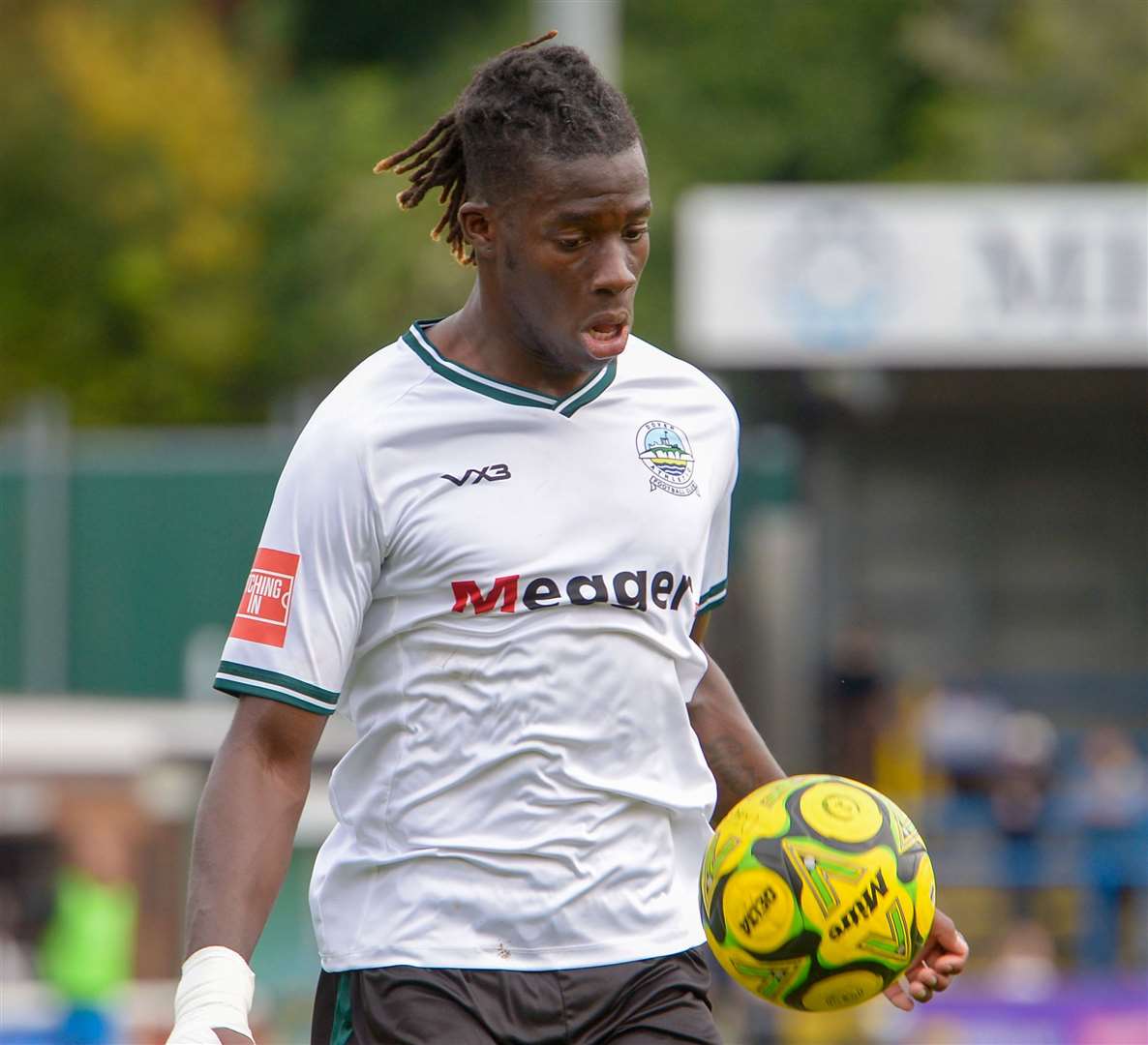 Ruben Soares-Junior - the Dover forward started against one of his old clubs as Whites’ captain despite only arriving at Crabble shortly ahead of kick-off. Picture: Stuart Watson