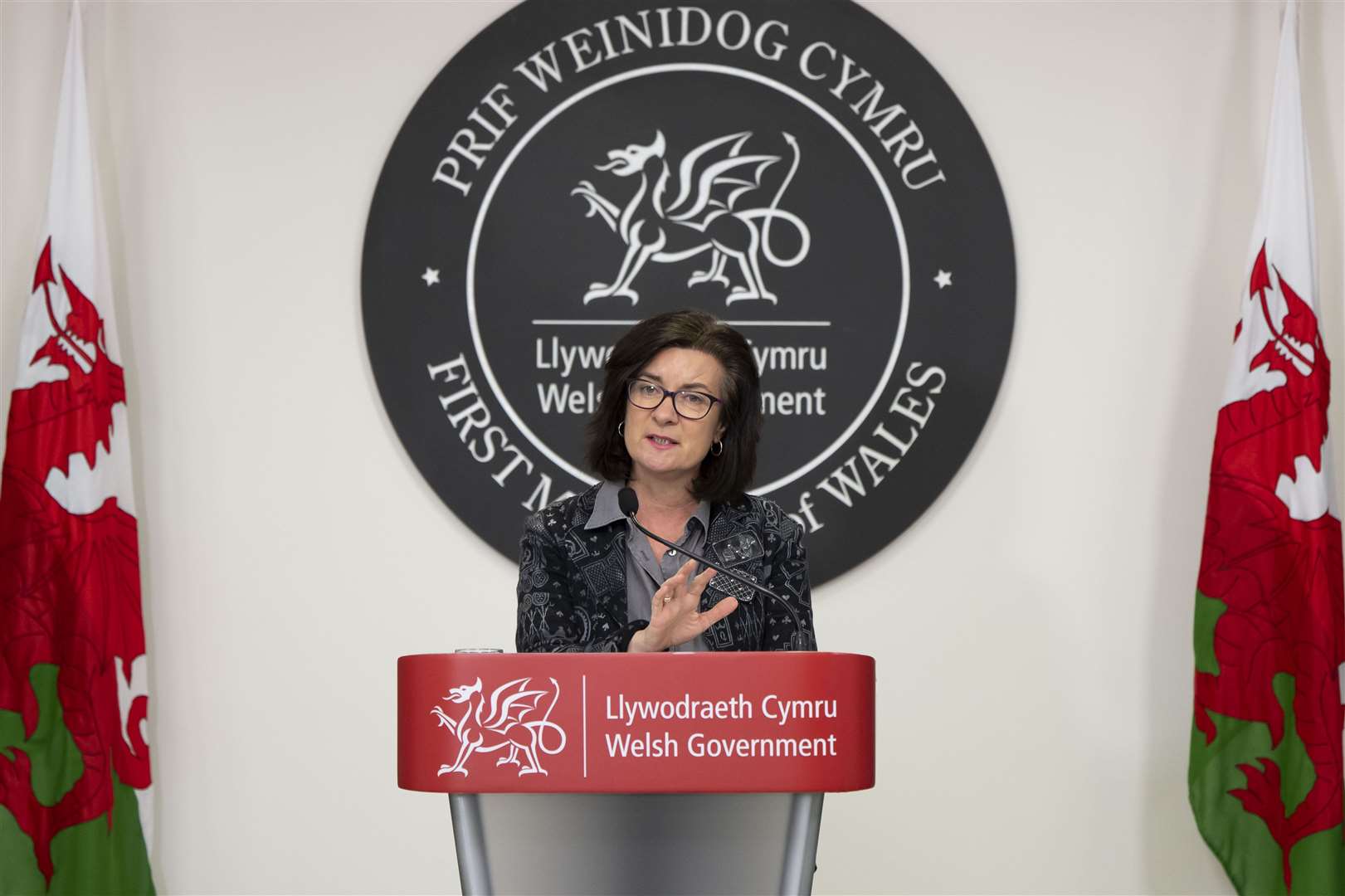 Eluned Morgan speaking at a Welsh Government press conference (Welsh government/PA)