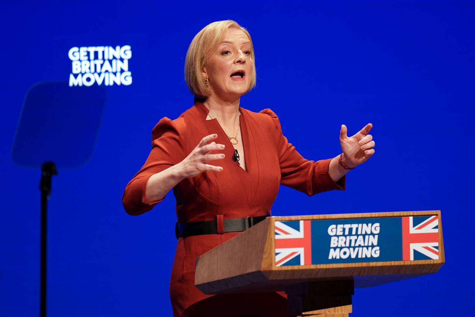 Prime Minister Liz Truss delivers her keynote speech at the Conservative Party annual conference at the International Convention Centre in Birmingham (Jacob King/PA)