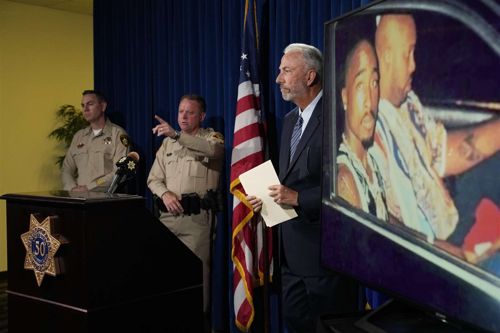 From left, Las Vegas police lieutenant Jason Johansson, sheriff Kevin McMahill and Clark County district attorney Steve Wolfson (John Locher/AP)