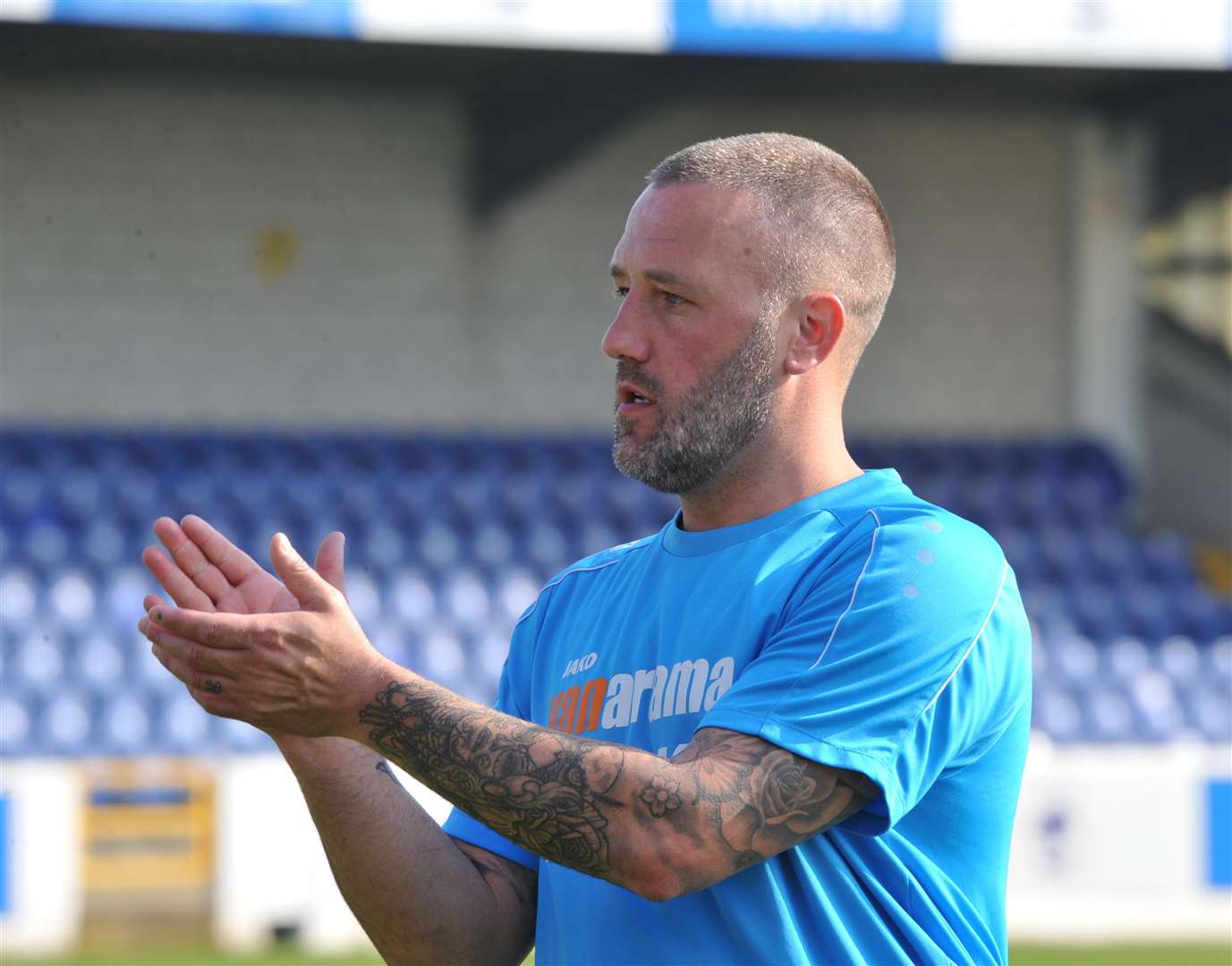 Maidstone boss Jay Saunders thanks supporters at Chester Picture: Steve Terrell