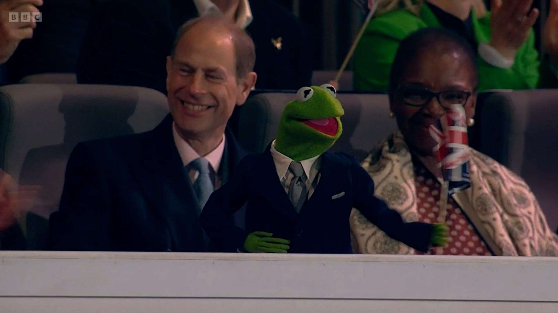 The Duke of Edinburgh laughs at Kermit the frog enters the royal box (Screengrab/PA)