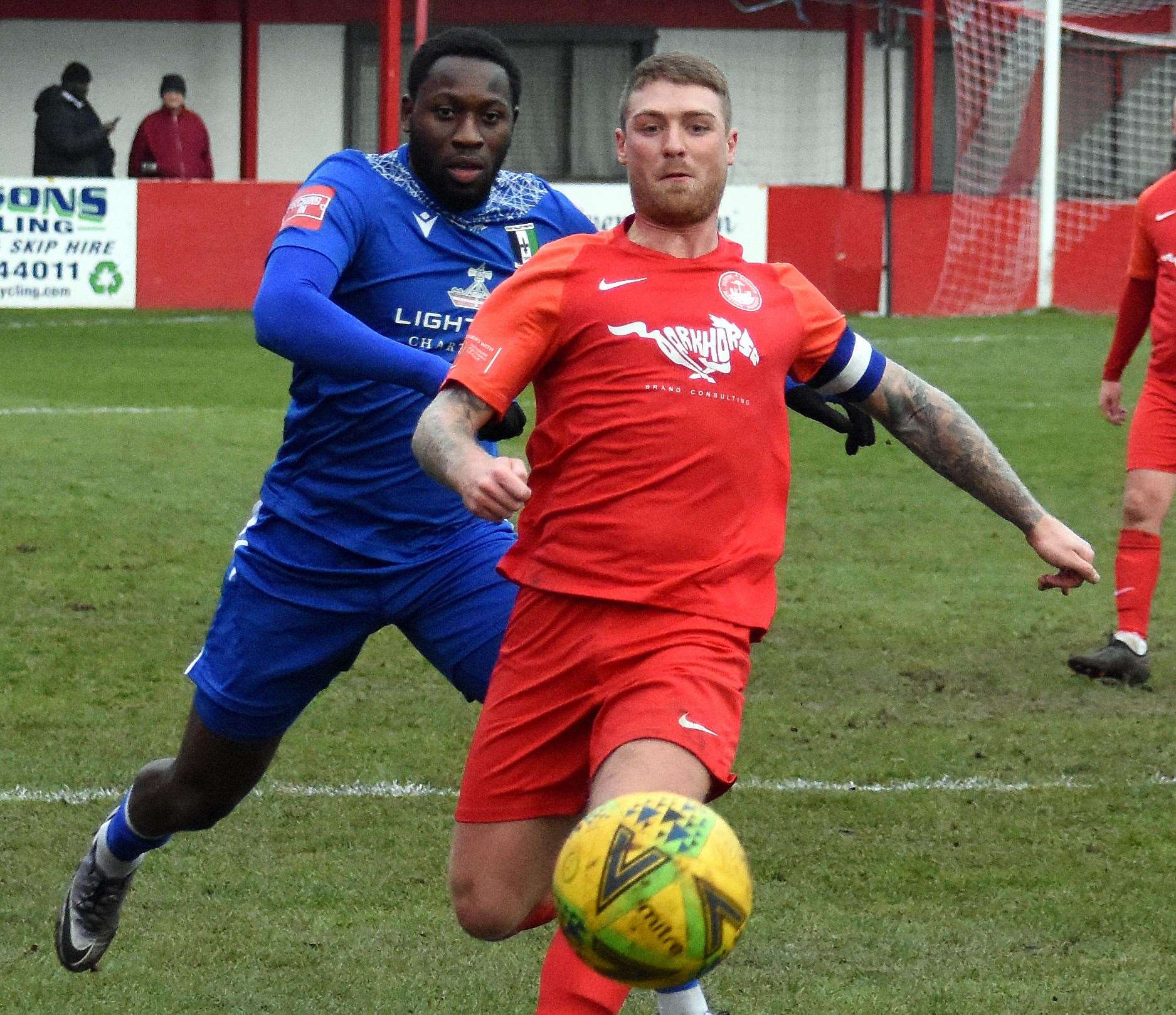 Hythe captain Charlie Webster in action against Cray Valley Picture: Randolph File