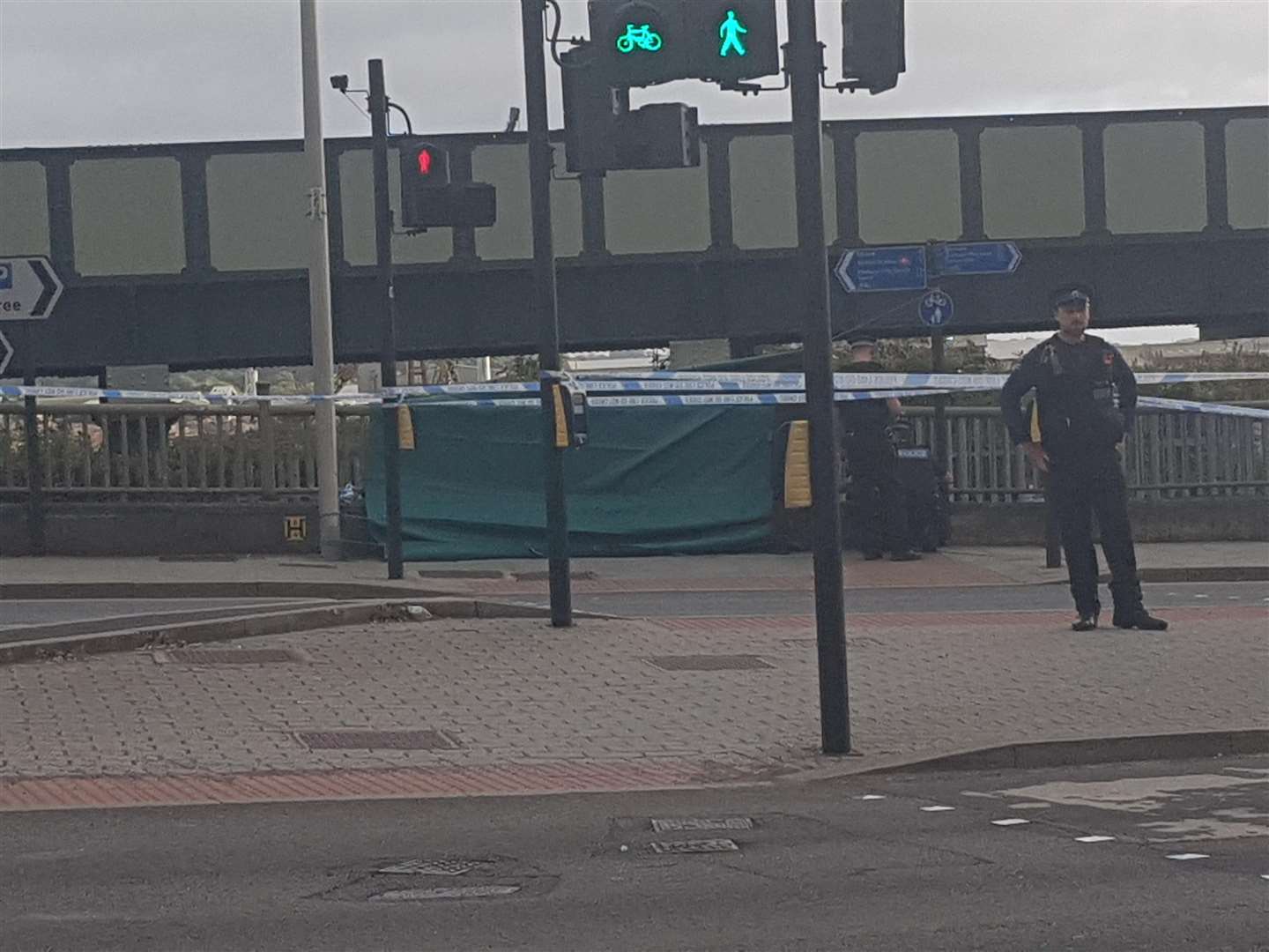 A green tarpaulin has been put up around the scene at Rochester Bridge (4224677)