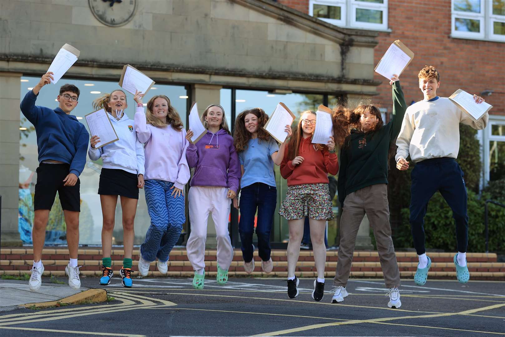 Students at Sullivan Upper School, Belfast, celebrate their results (Liam McBurney/PA)