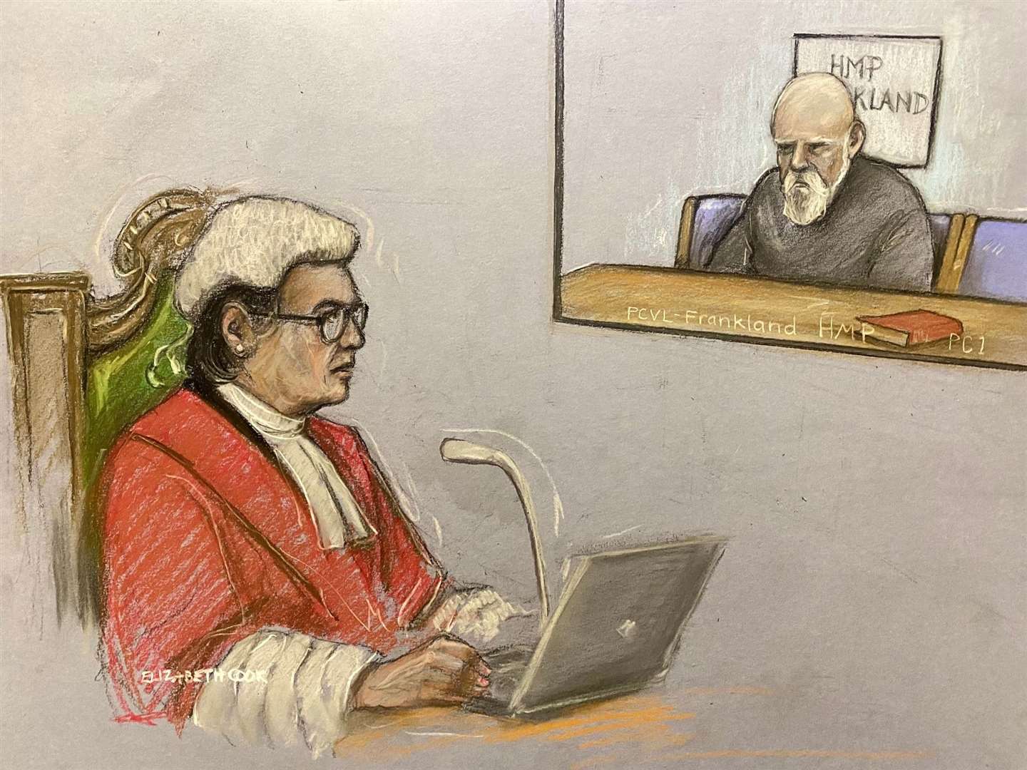 Court artist sketch of Wayne Couzens appearing via video-link from Frankland Prison to be sentenced by Mrs Justice May at the Old Bailey (Elizabeth Cook/PA)