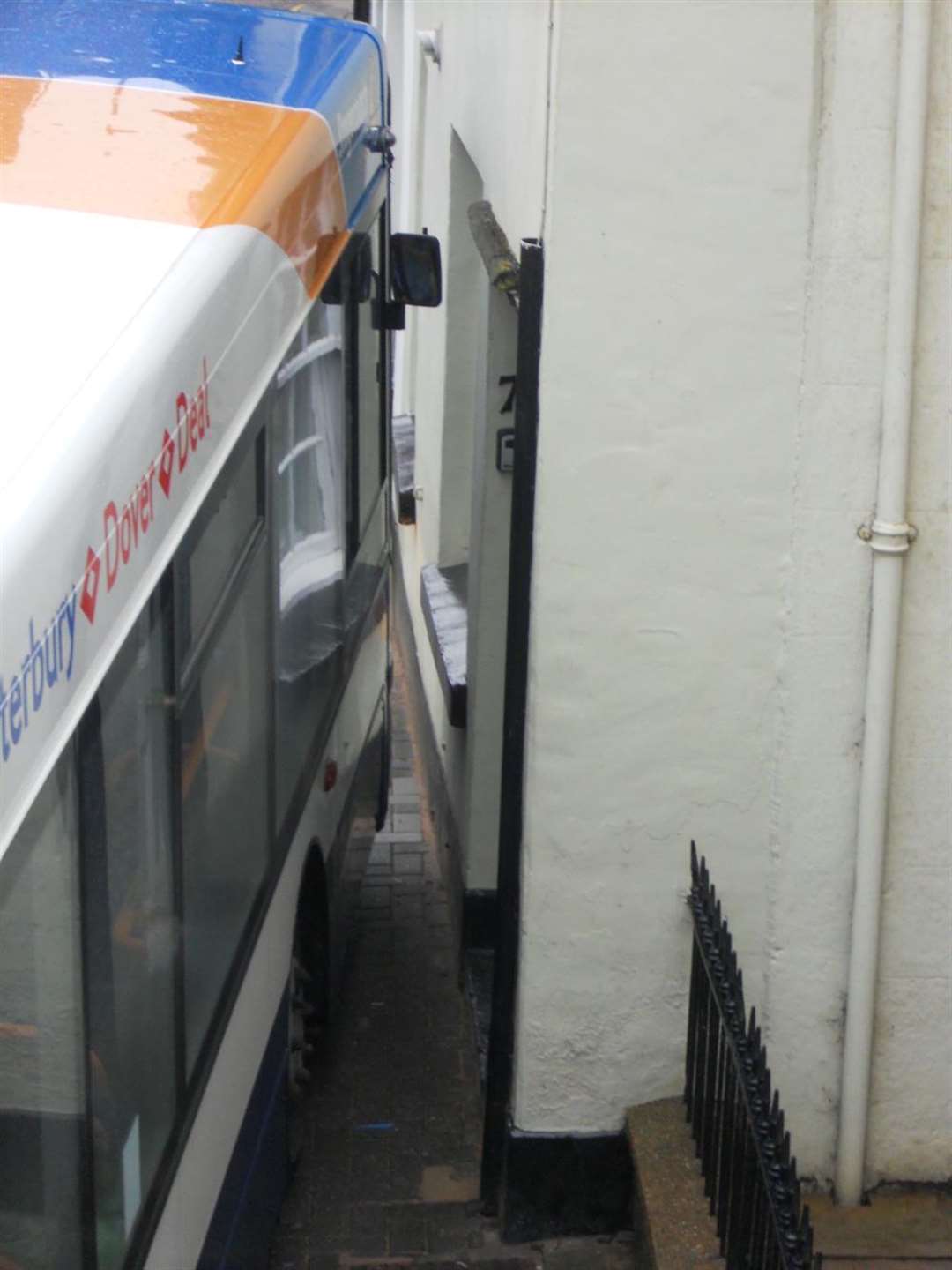 A bus getting stuck in Strand Street, Sandwich.