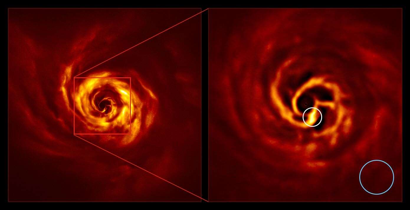 Images of the AB Aurigae system. The one on the right shows the inner region of the disc, including the bright yellow twist, circled in white. The twist lies at about the same distance from the star as Neptune from the Sun and the blue circle represents the size of the orbit (Boccaletti et al/ESO/PA)