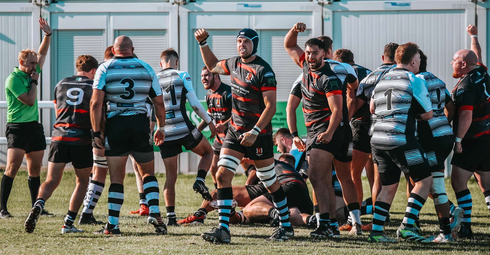 Gravesend's Andrew Hampshire and double try scorer Brandon Dhesi have good reason to celebrate. Picture: jp_photogapheruk