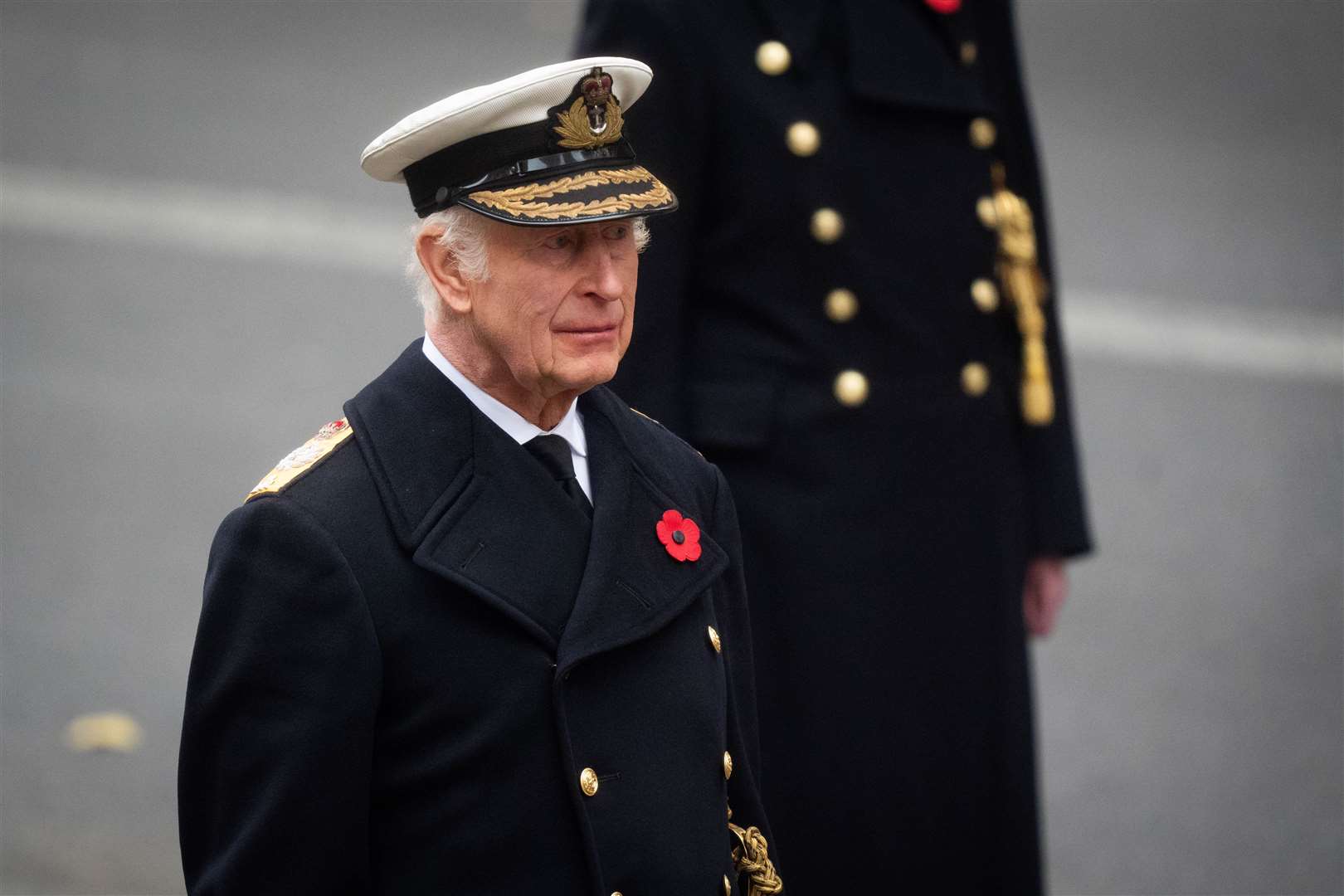 King Charles during the Remembrance Sunday service at the Cenotaph in London (James Manning/PA)