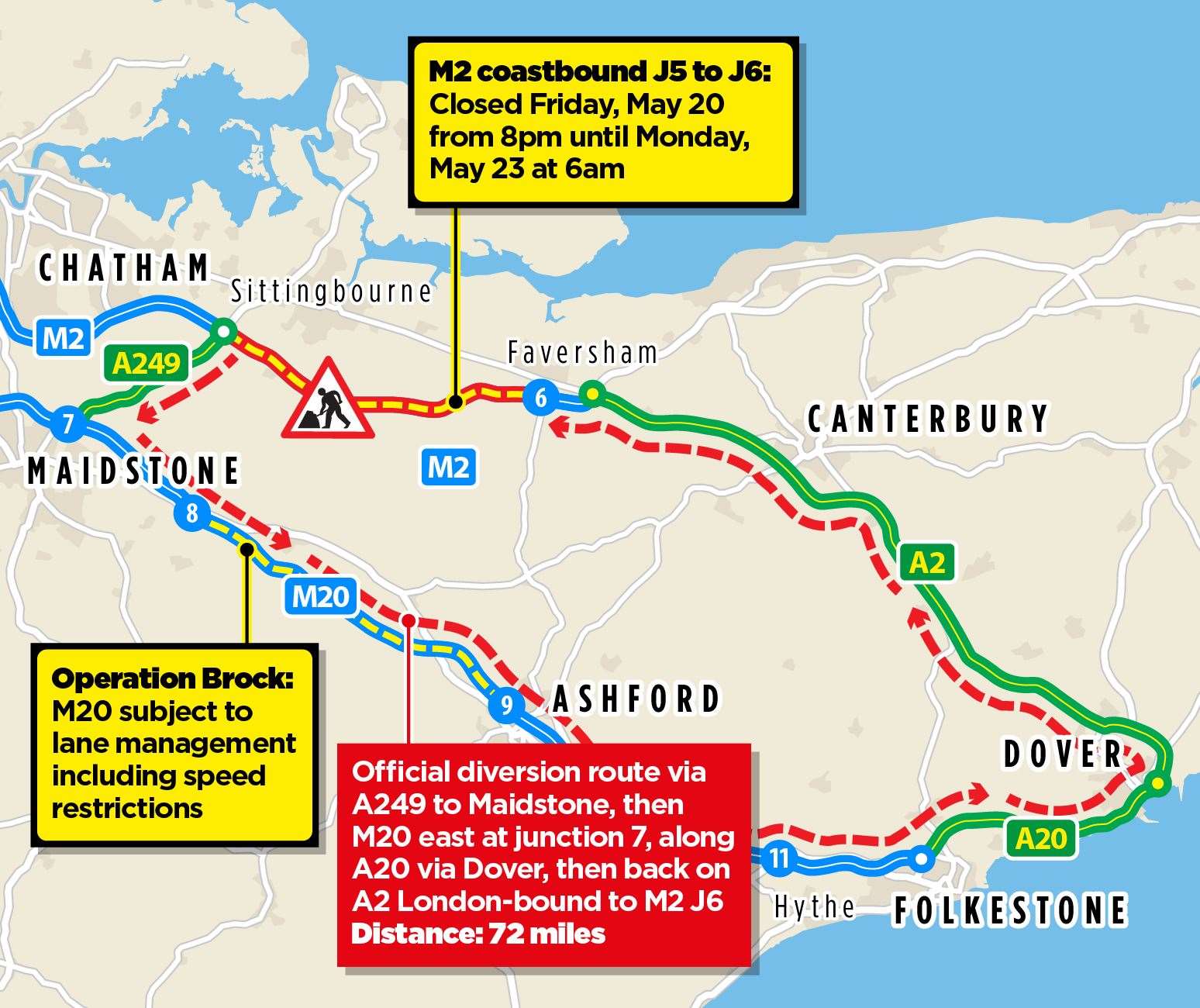 M2 shut coastbound again all weekend between Sittingbourne and