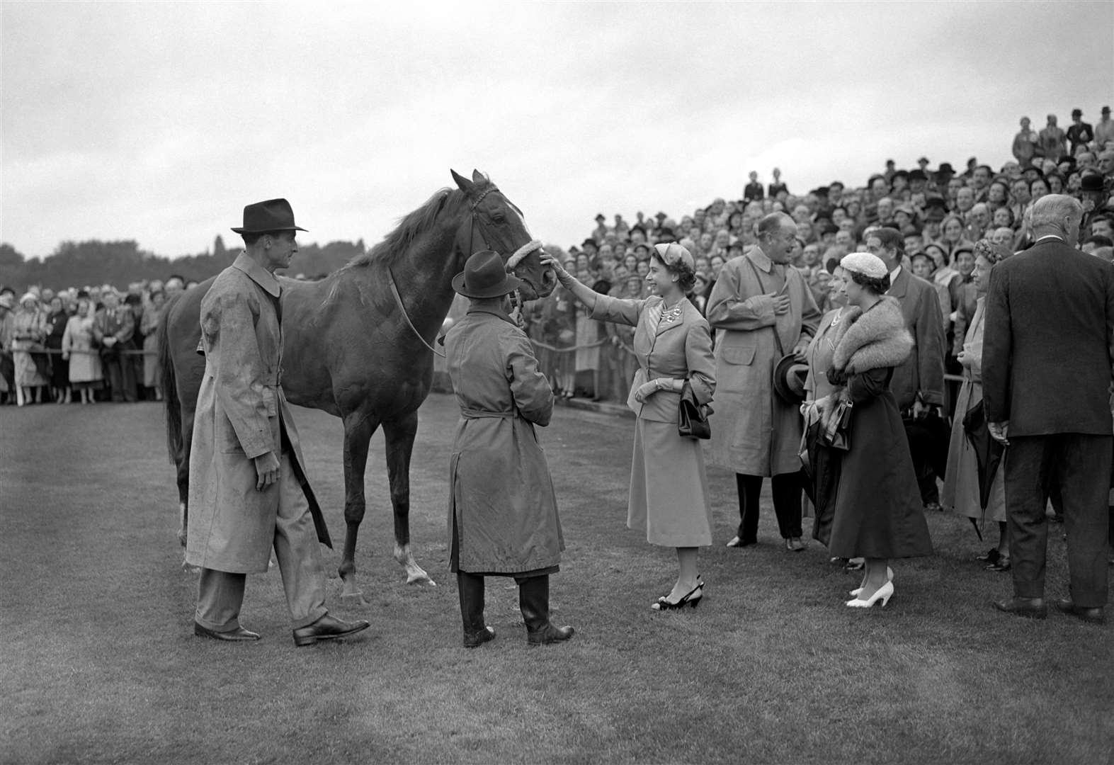 The Queen smiles and gives her four year old colt Aureole a congratulatory pat on the nose after a win in 1954 (PA)