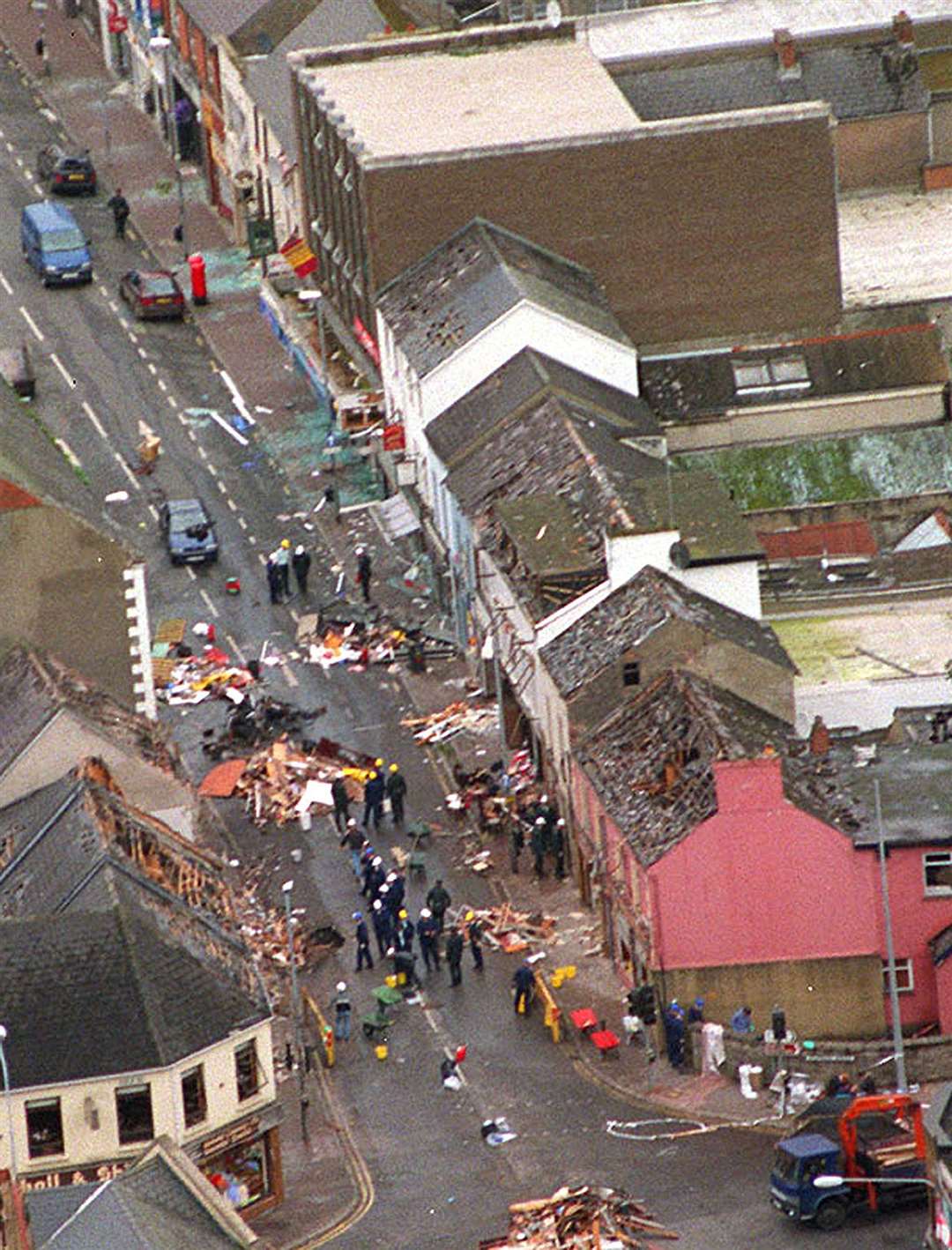 The devastation in Omagh when a bomb was detonated at the junction of Market Street and Dublin Road (MoD/Crown copyright/PA)