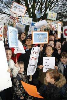 Protestors against the phone mast outside St Mary's School