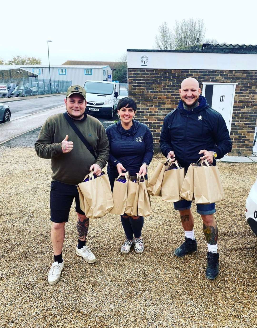 The pair handed out 250 lunches to children during the free school meals row (The Bald Builders/PA)