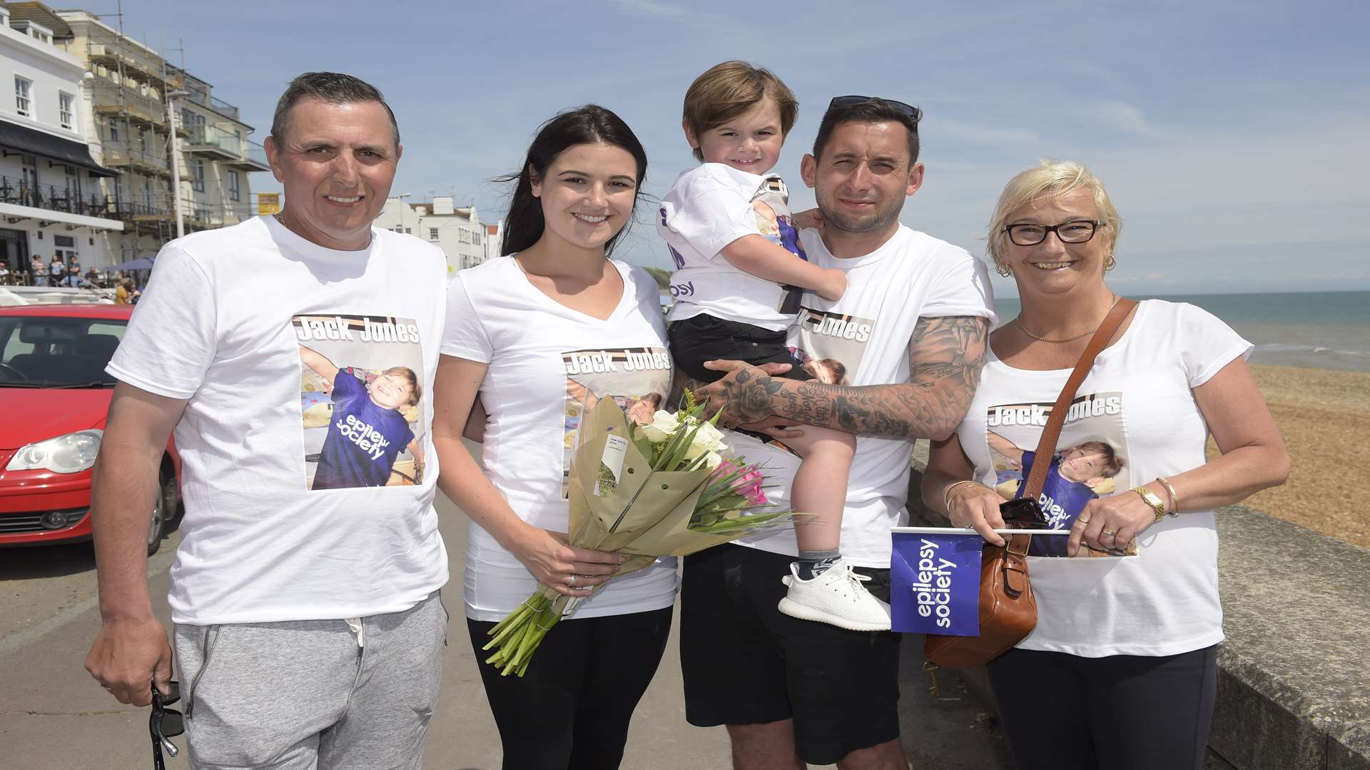 Toni Barnett (second from left) walked from Dungeness to Sandgate for Epilepsy Society, with Alan Davis, Toni Barnett, Dean Jones, son Jack Jones and Gill Davis