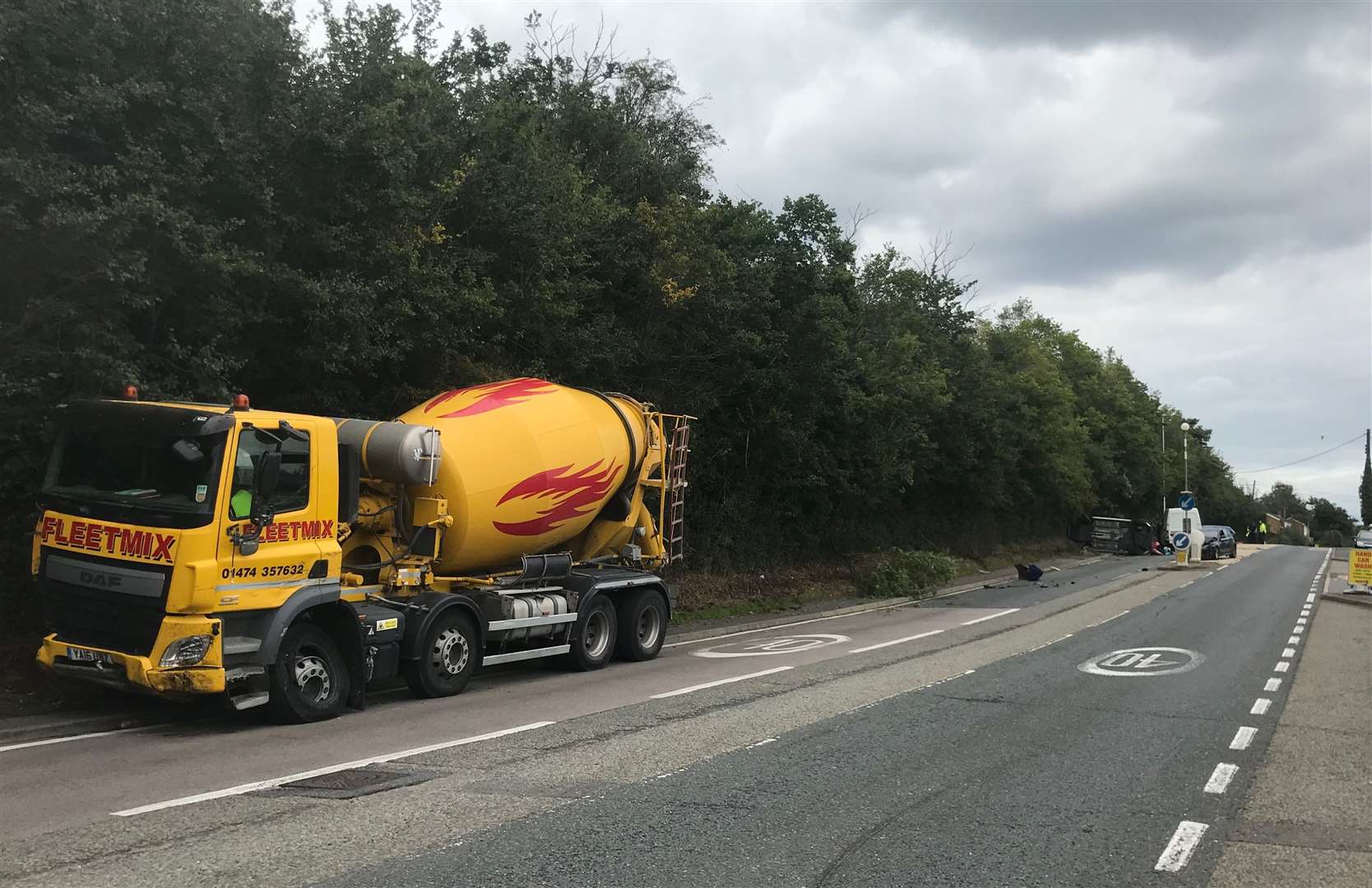 The trail of damage left after the cement mixer crashed into several parked cars in Cuxton