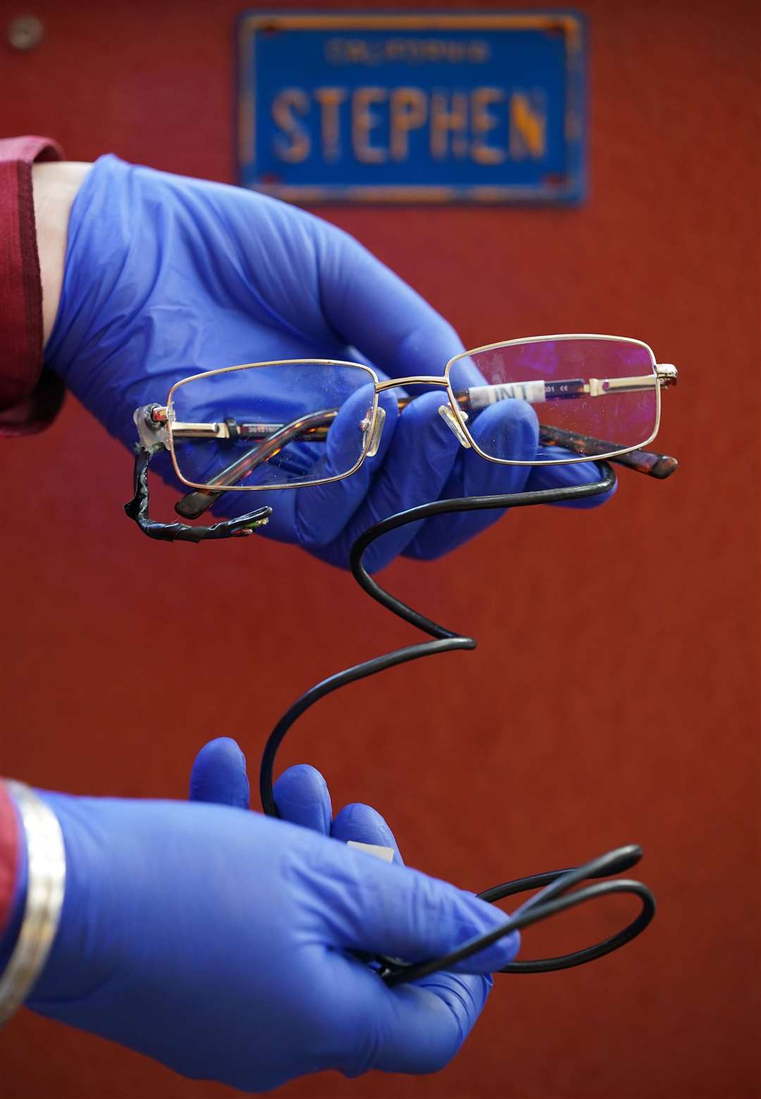 A pair of tortoiseshell spectacles with an analogue sensor used by Stephen Hawking to communicate by using his facial muscles (Yui Mok/PA)