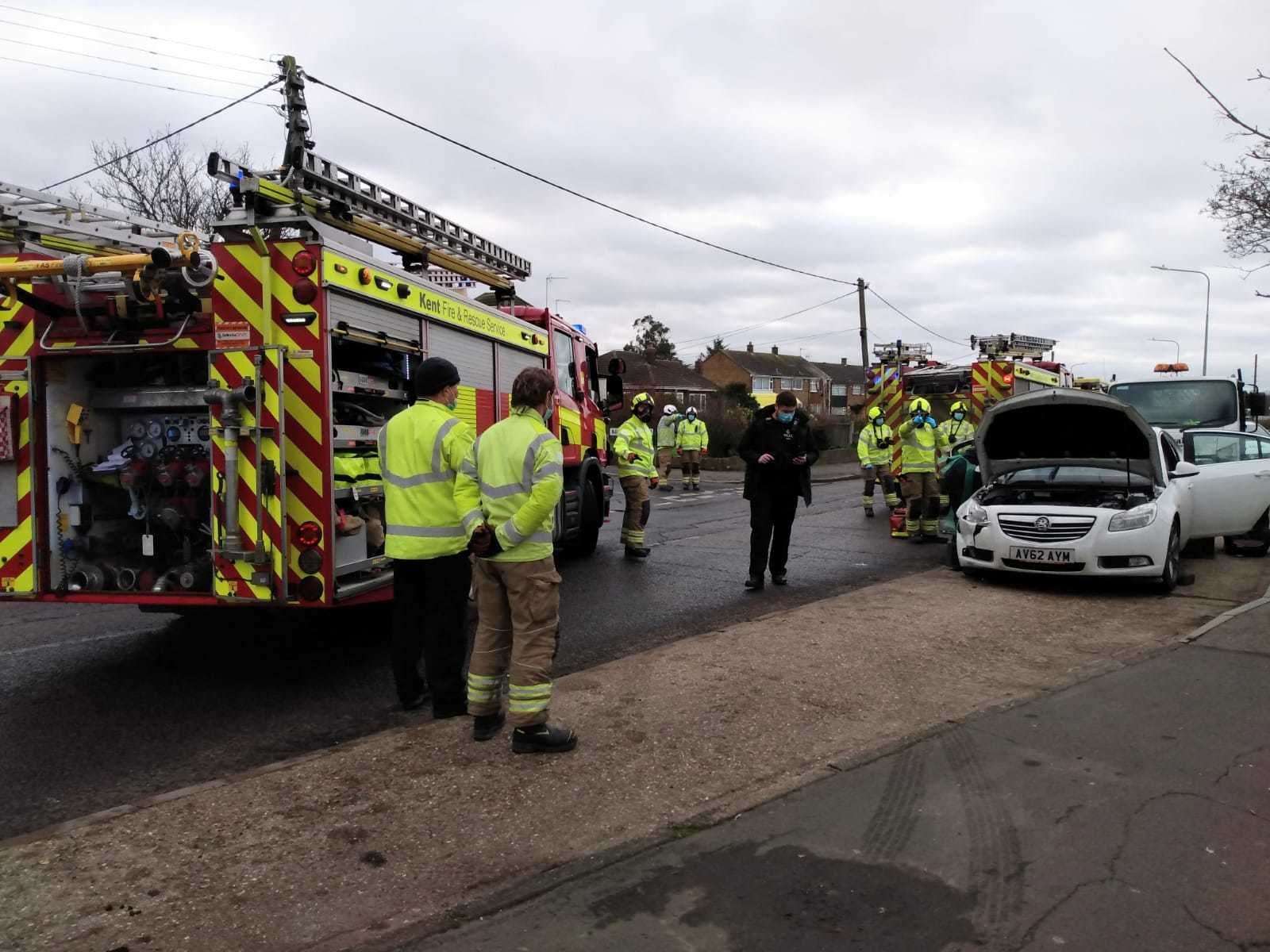 Emergency services on the scene of a car crash in Queenborough Road, Halfway. Picture: George Poules