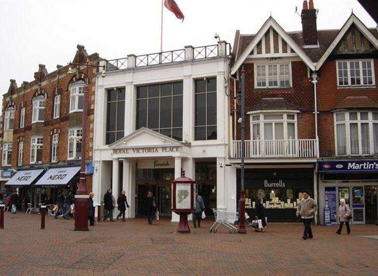 The main entrance to the Royal Victoria Place shopping centre