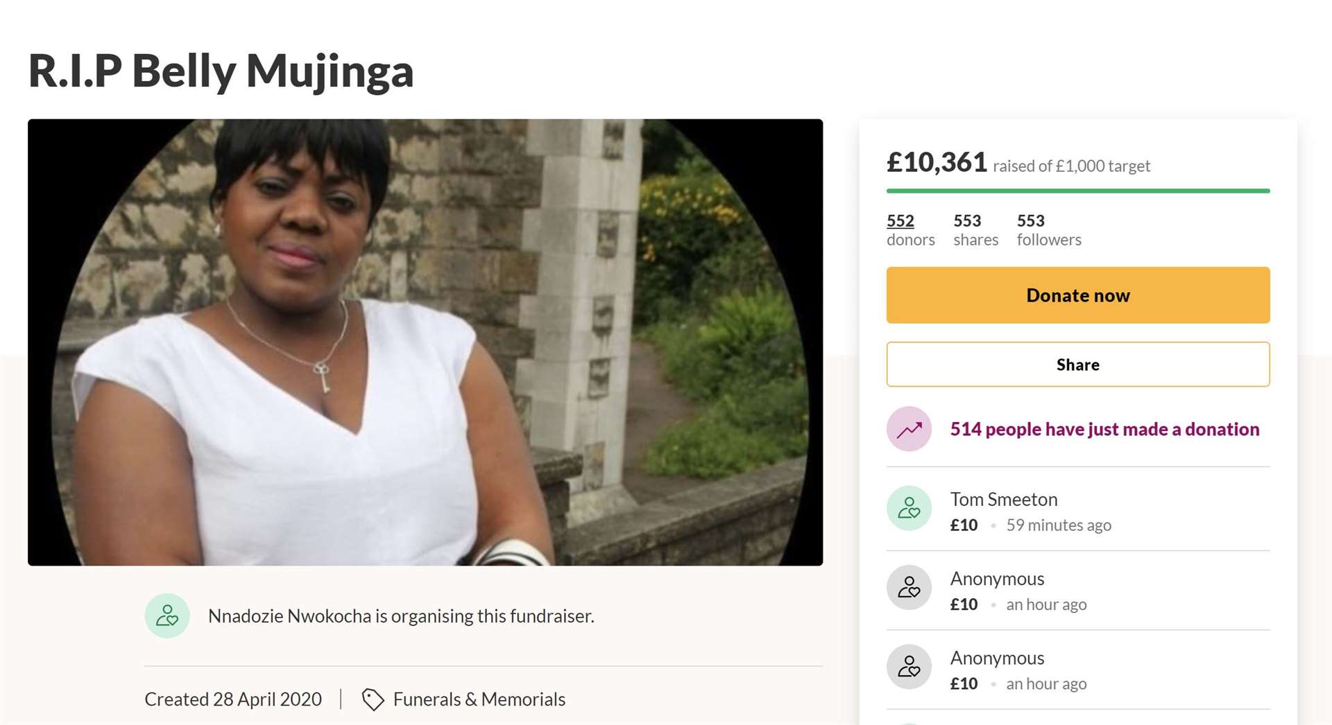 The GoFundMe page for Belly Mujinga (Screenshot)